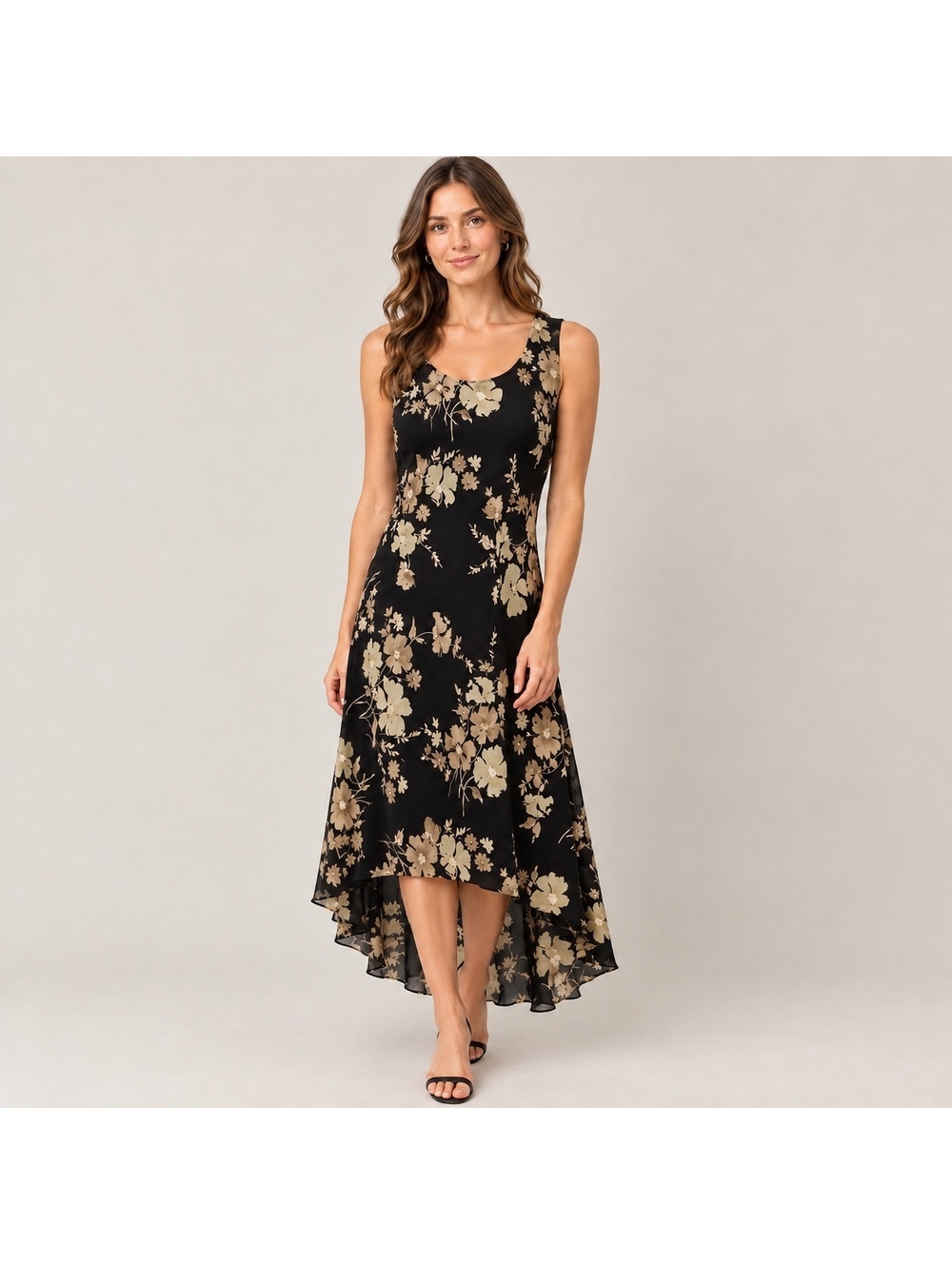 Black Sleeveless Floral Midi Dress 8 M Hi Low Whimsigoth Boho Cottagecore Black